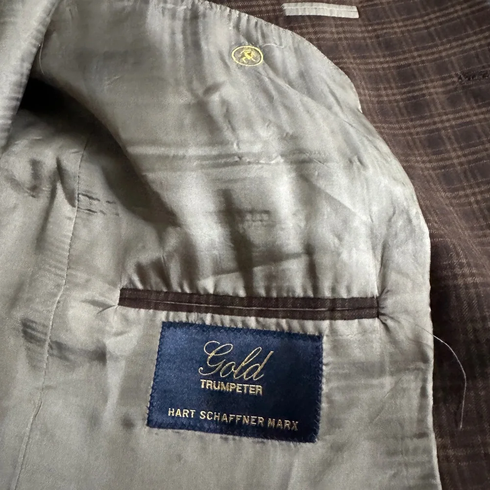 Hart Schaffner Marx Gold Trumpeter Mens Brown Plaid Blazer‎ Coat 46R - Picture 3 of 10